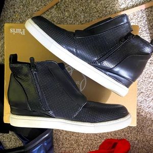 Women’s wedge boot; black pleather sneaker